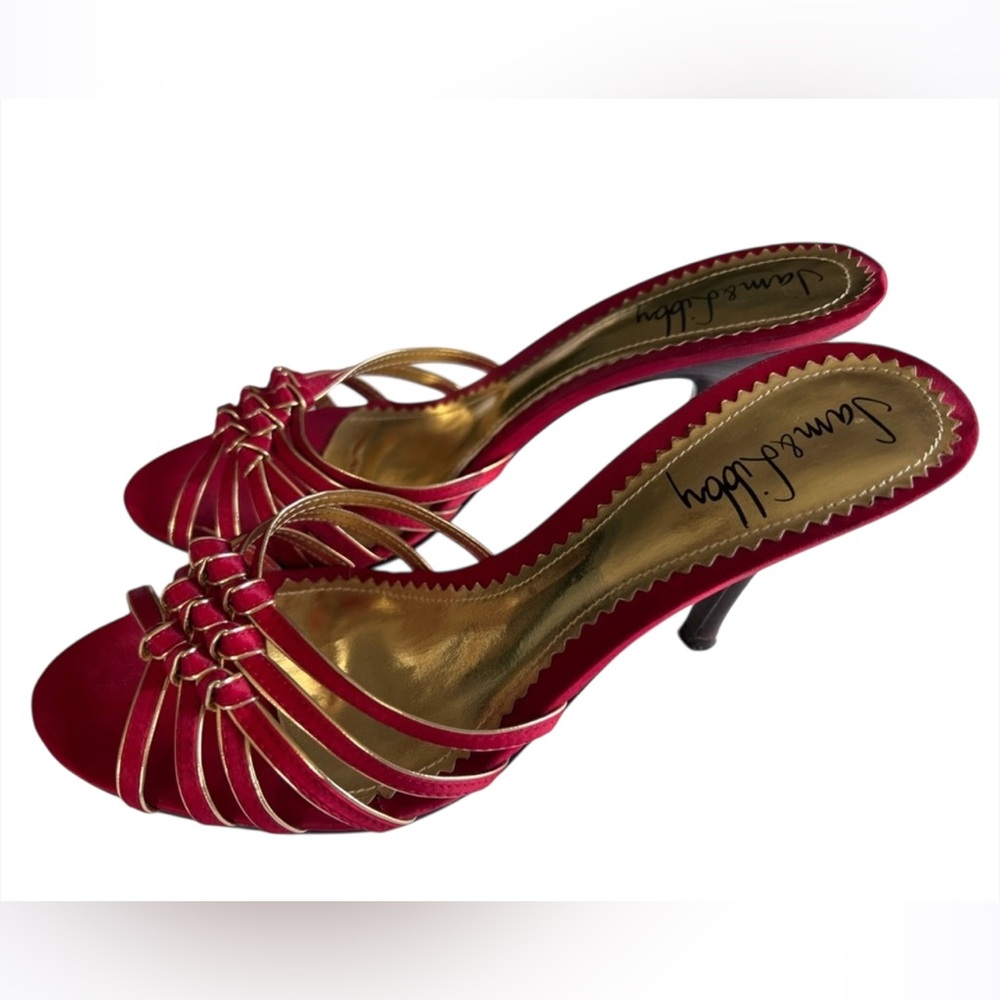 Sam & Libby Red/Gold Crisscross Christmas Holiday Strapless Heels Size 6.5 - Picture 3 of 8